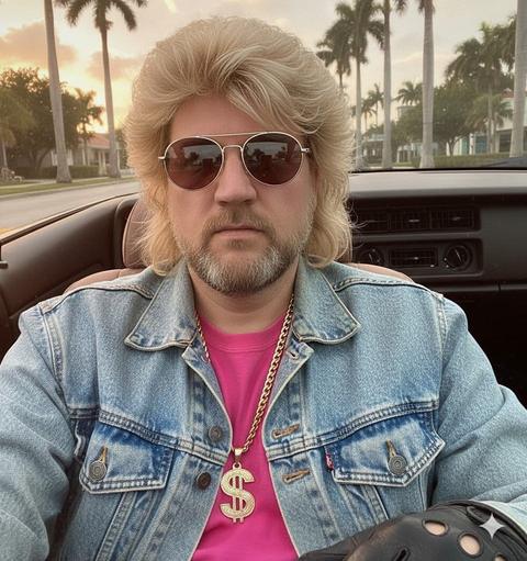 AI portrait of James with a blond mullet, aviators and a denim jacket