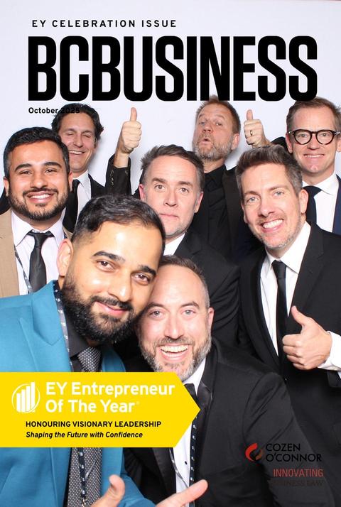 A group in suits on a mock BCBusiness magazine cover for EY Entrepreneur Of The Year